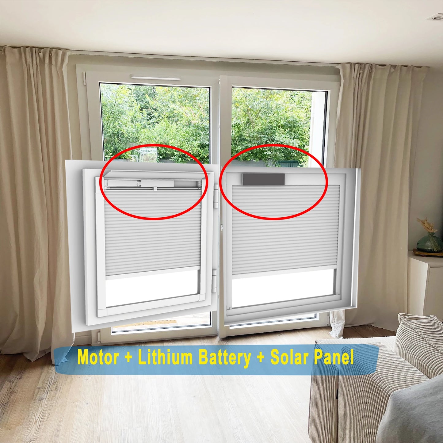 Solar Powered Motorized Honeycomb Shades for Inward-Opening Windows motor system in details