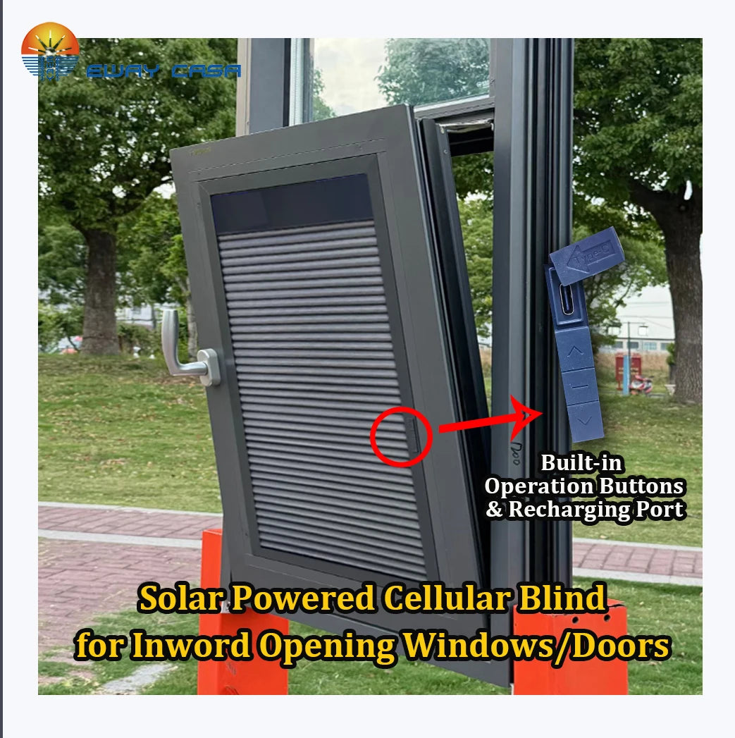 Solar Powered No-Drill Honeycomb Shade for Inward Opening Windows Main Pic.