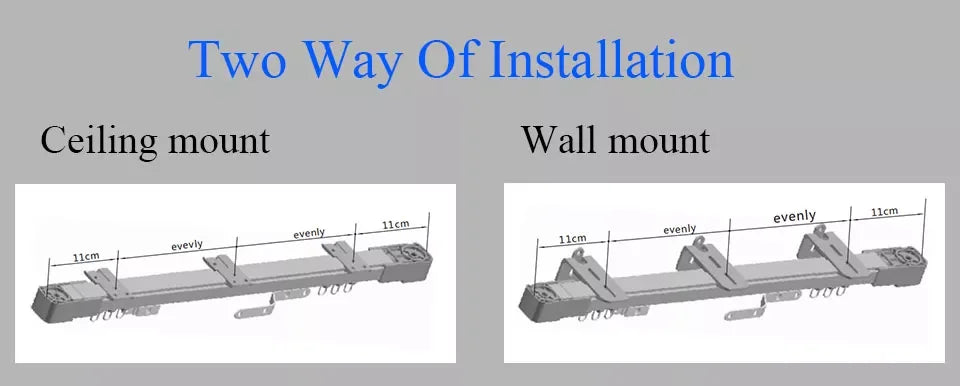 Ceiling mount and wall mount installation of motorized curtain track