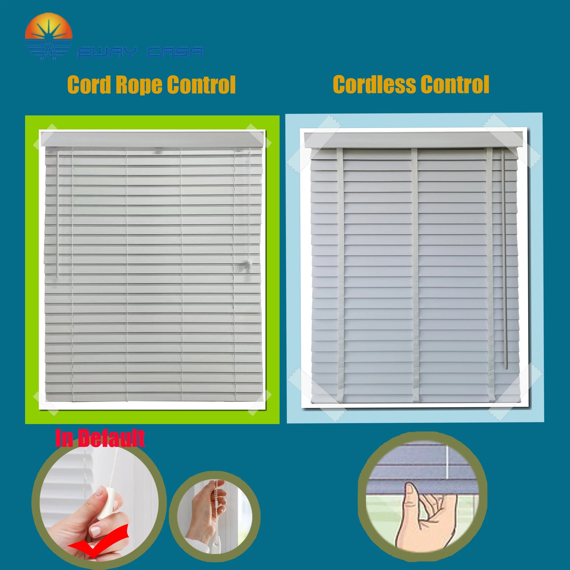 faux wooden blind Cordless control and Corded Control