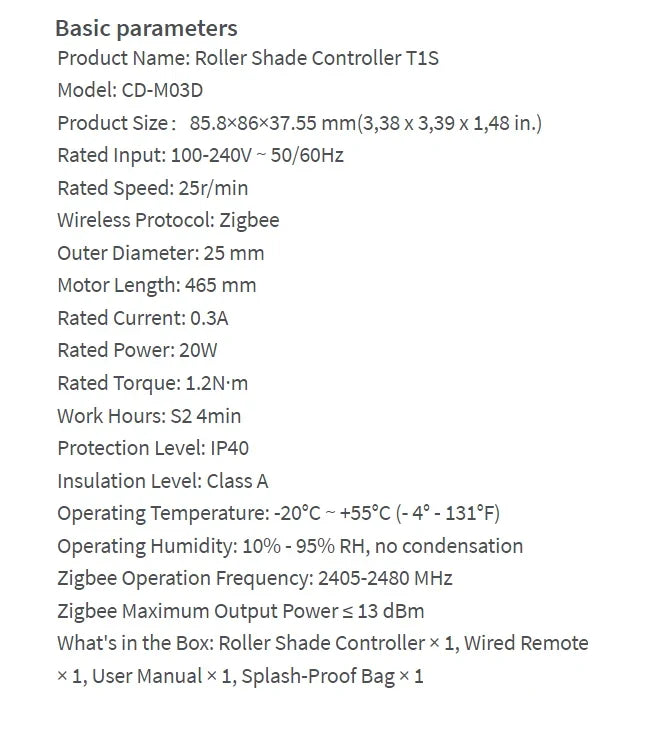 Automatic Blackout Roller Blinds Motor Parameter