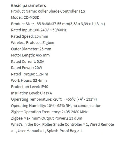 Automatic Blackout Roller Blinds Motor Parameter