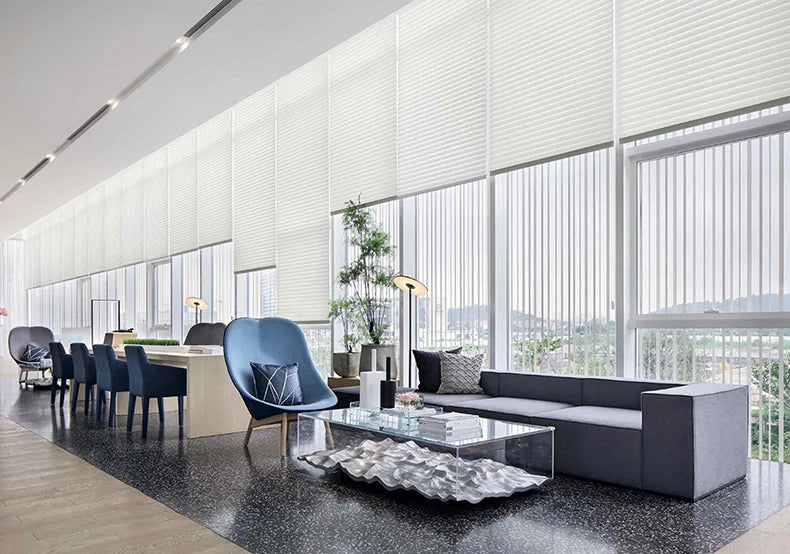 EWAY CASA Smart Motorized Shangri-La Blinds in a Living Room