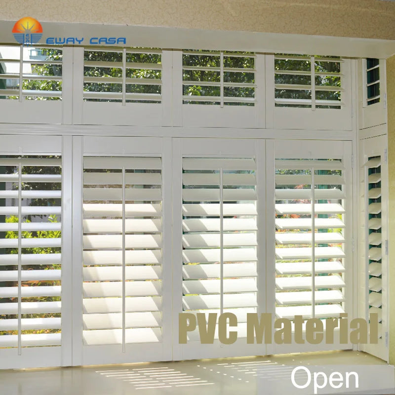 Custom Waterproof PVC Plantation Shutters Open