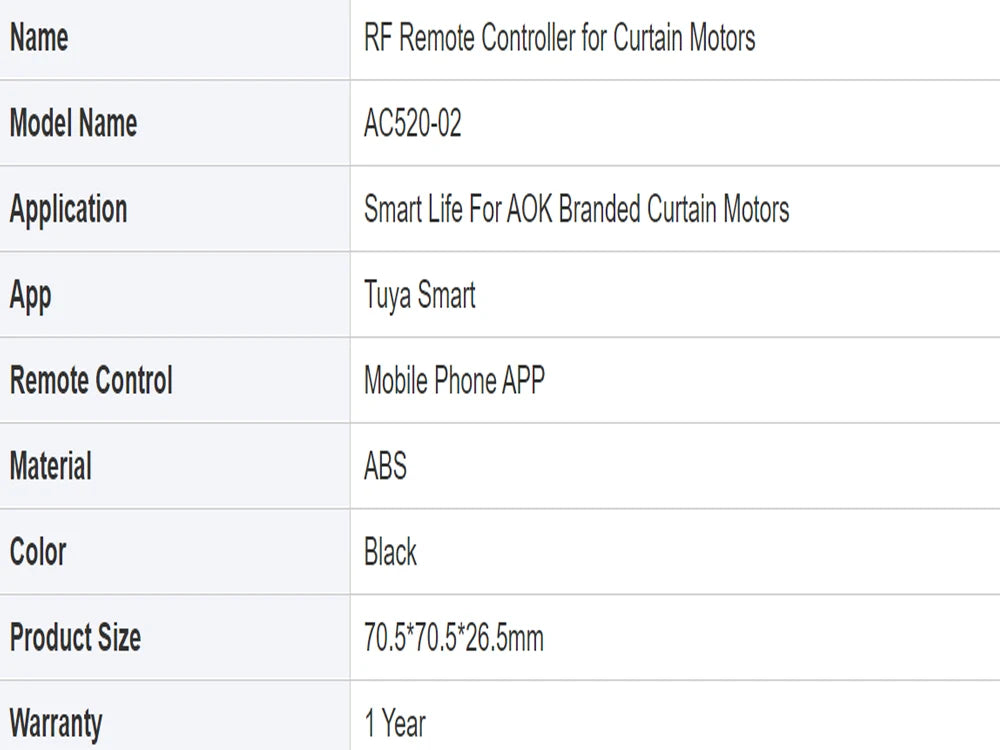 Specification table: RF remote controller AC520-02 for AOK branded curtain motors, ABS, black, 70.5x70.5x26.5mm