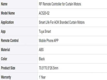 Specification table: RF remote controller AC520-02 for AOK branded curtain motors, ABS, black, 70.5x70.5x26.5mm