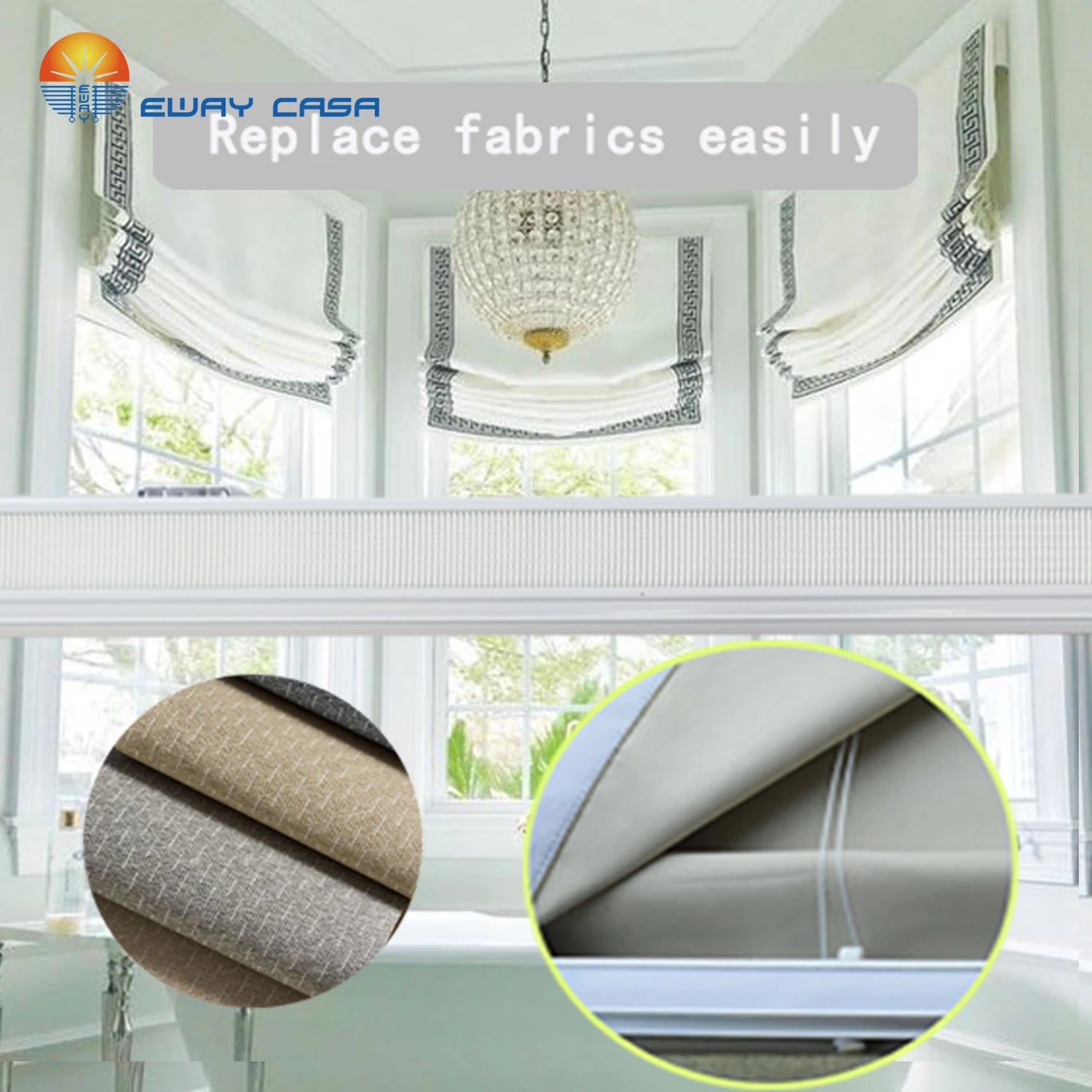 Custom Motorized Roman Shades for Large Windows Velcro Tape Connection