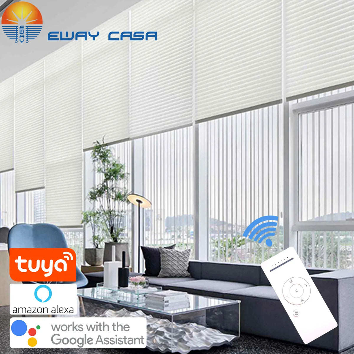 EWAY CASA Smart Motorized Shangri-La Blinds MSB_A in Modern Living Room Front View