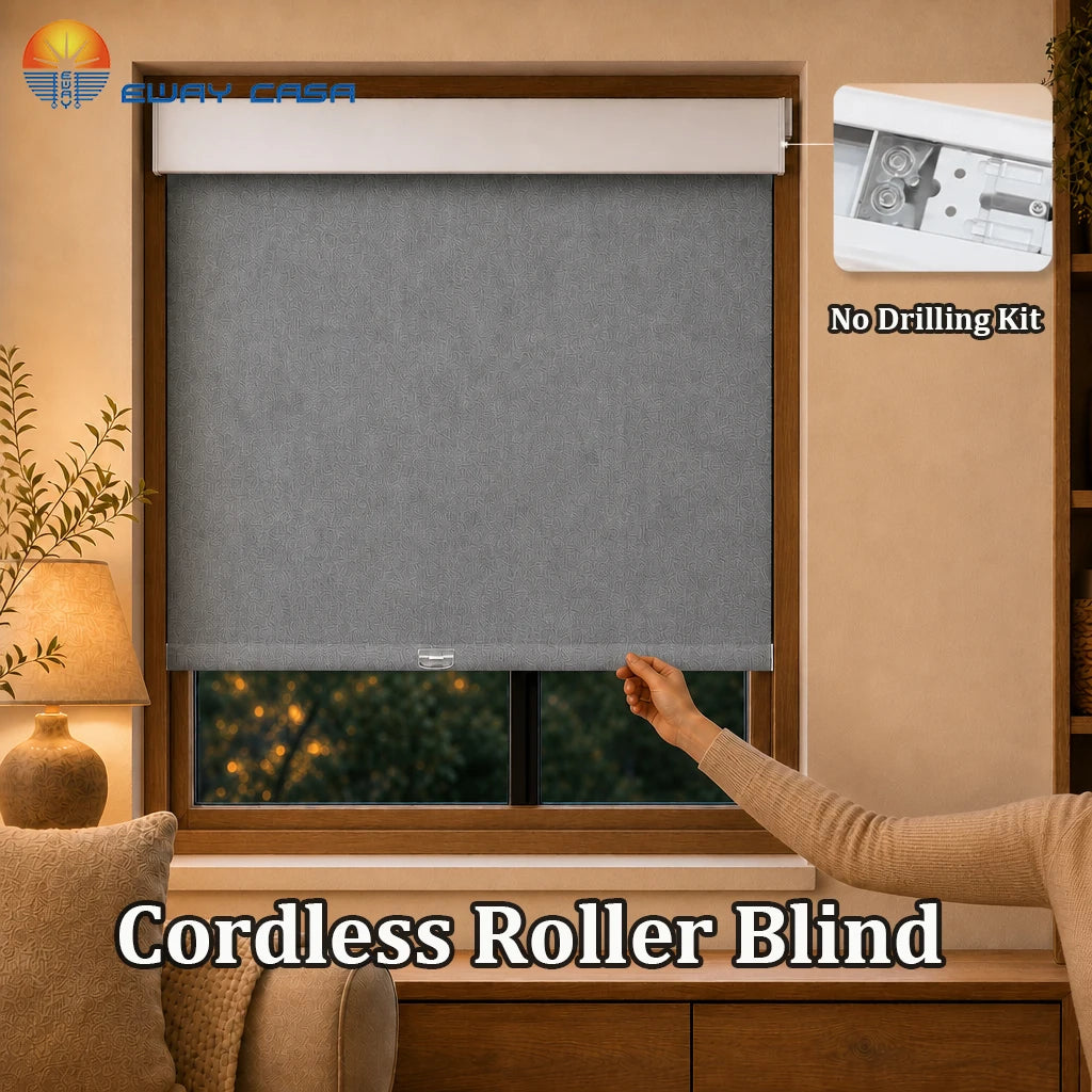 Custom drill-free cordless roller shades installed in modern minimalist living room - 100% blackout